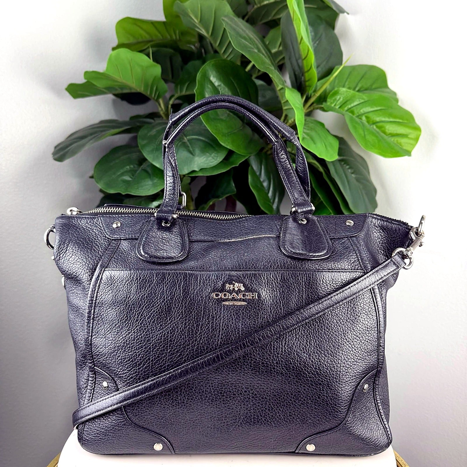Authentic Coach black pebbled leather satchel crossbody bag - front view
