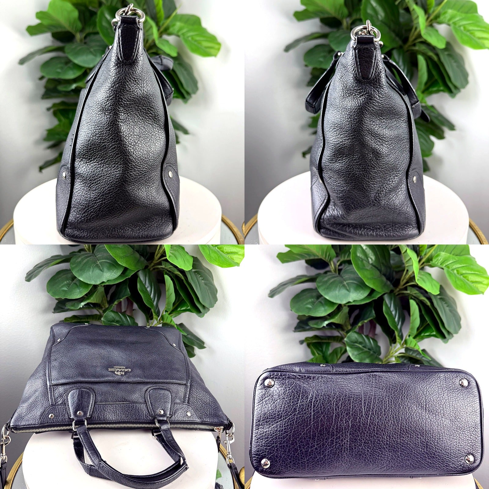 Authentic Coach black pebbled leather satchel crossbody bag - side, top and bottom views