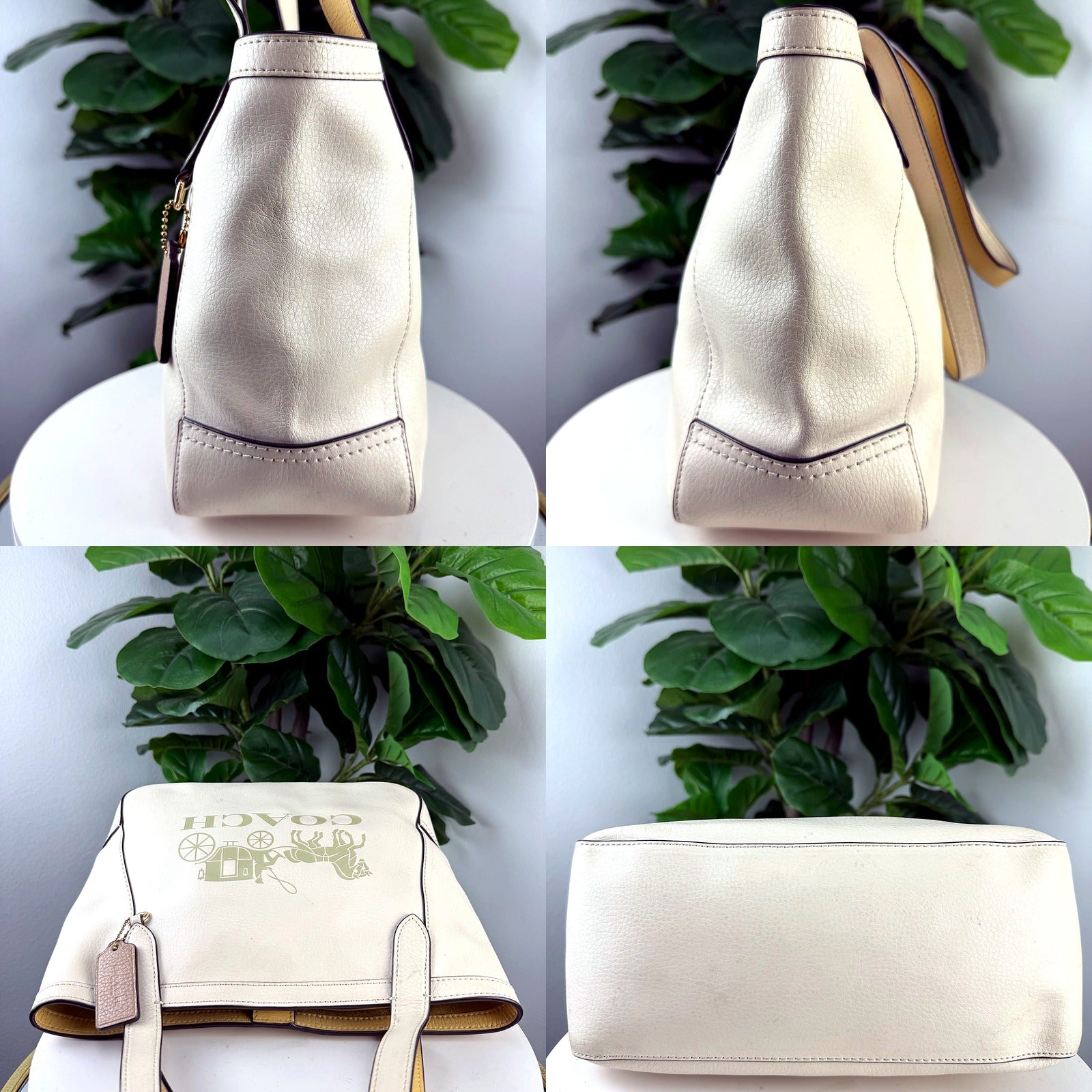 Authentic Coach cream pebbled leather horse and carriage tote - side, front detail, and bottom views