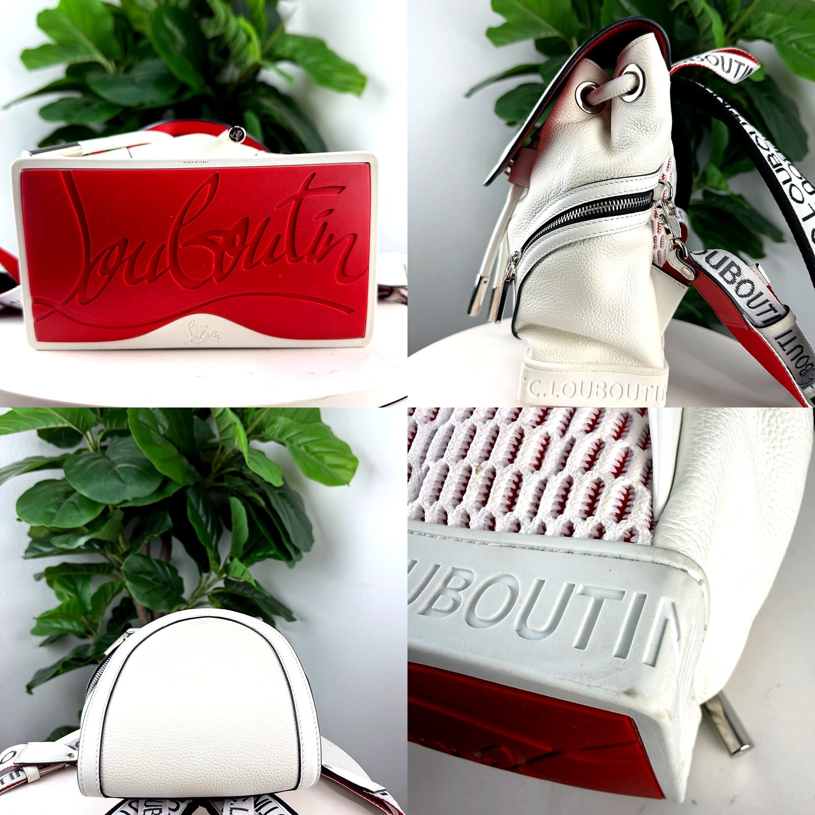 Authentic Christian Louboutin white leather mini convertible backpack - red rubber signature logo base panel, zipper, flap, and strap detail