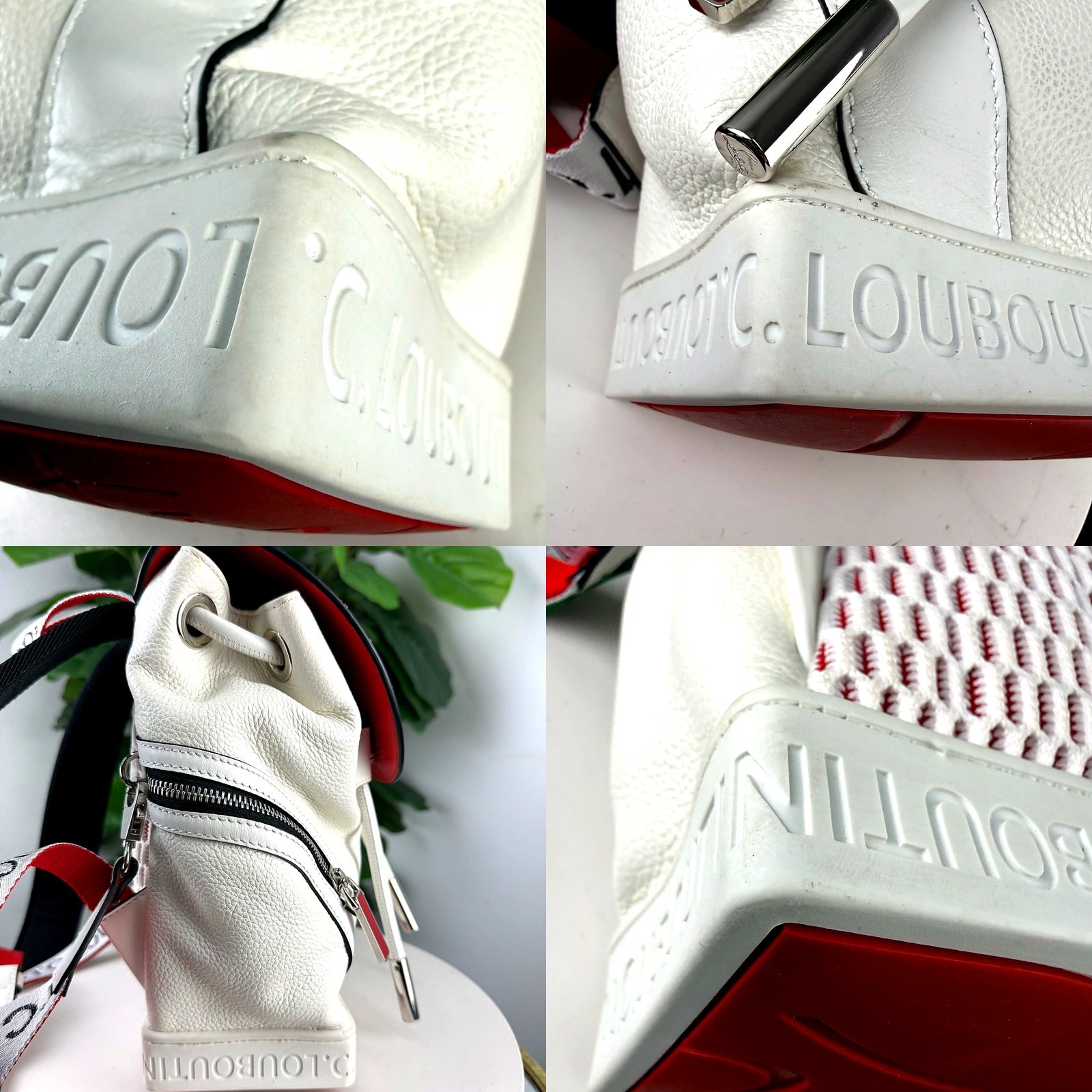 Authentic Christian Louboutin white leather mini convertible backpack - embossed LOUBOUTIN base text close-ups