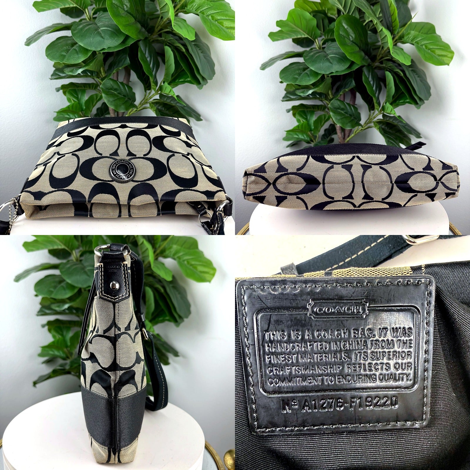 Authentic Coach black tan signature jacquard crossbody swingpack bag detail views logo top zip side storypatch