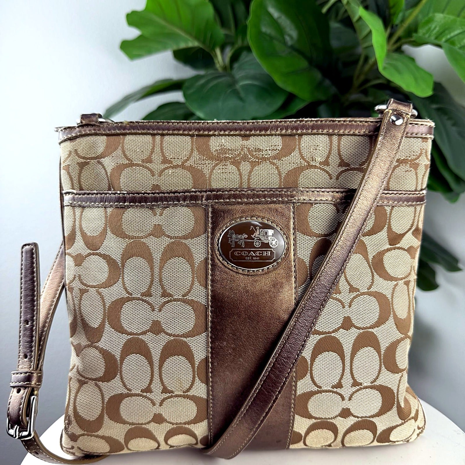 Authentic Coach khaki signature jacquard crossbody bag with bronze leather trim - front view