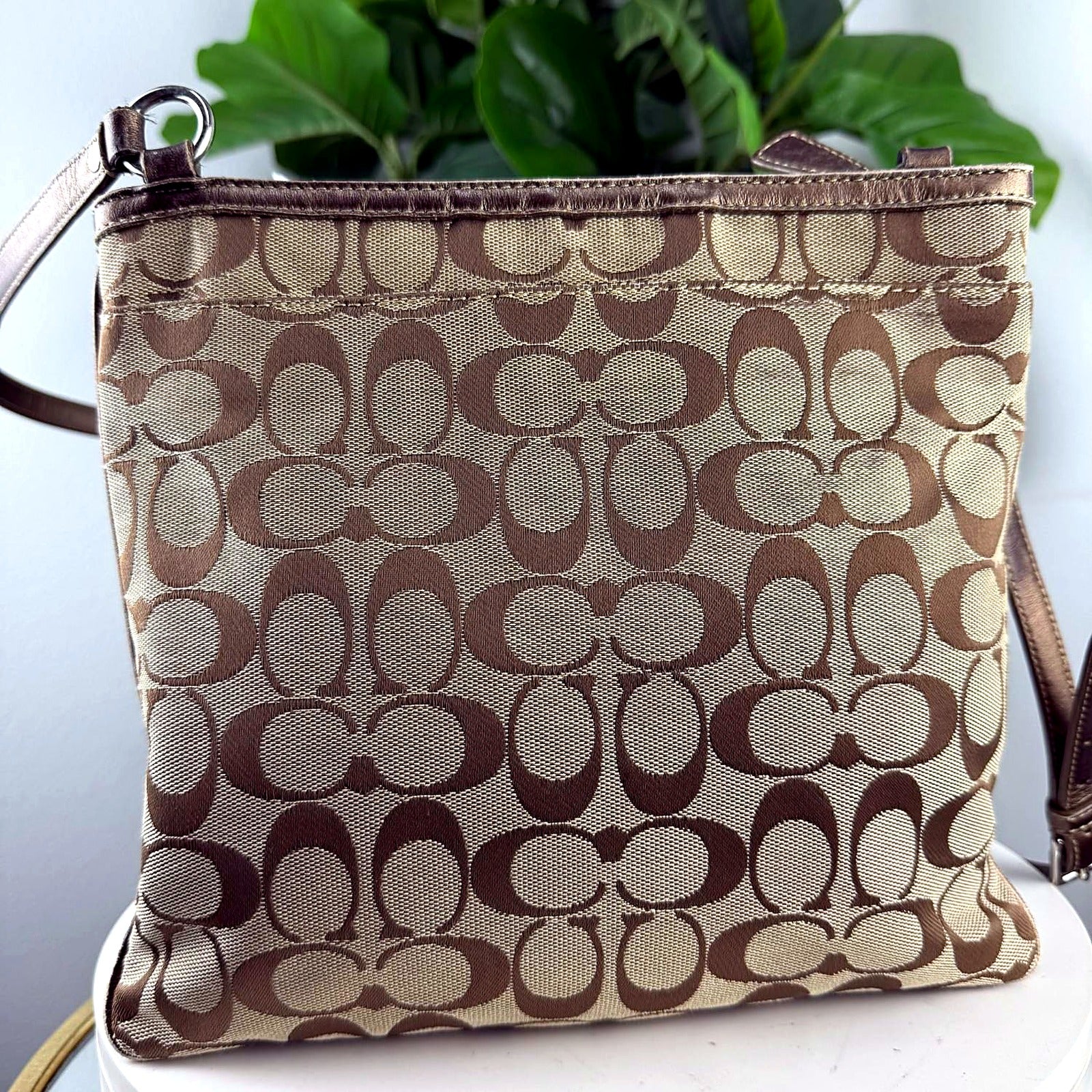 Authentic Coach khaki signature jacquard crossbody bag with bronze leather trim - back view