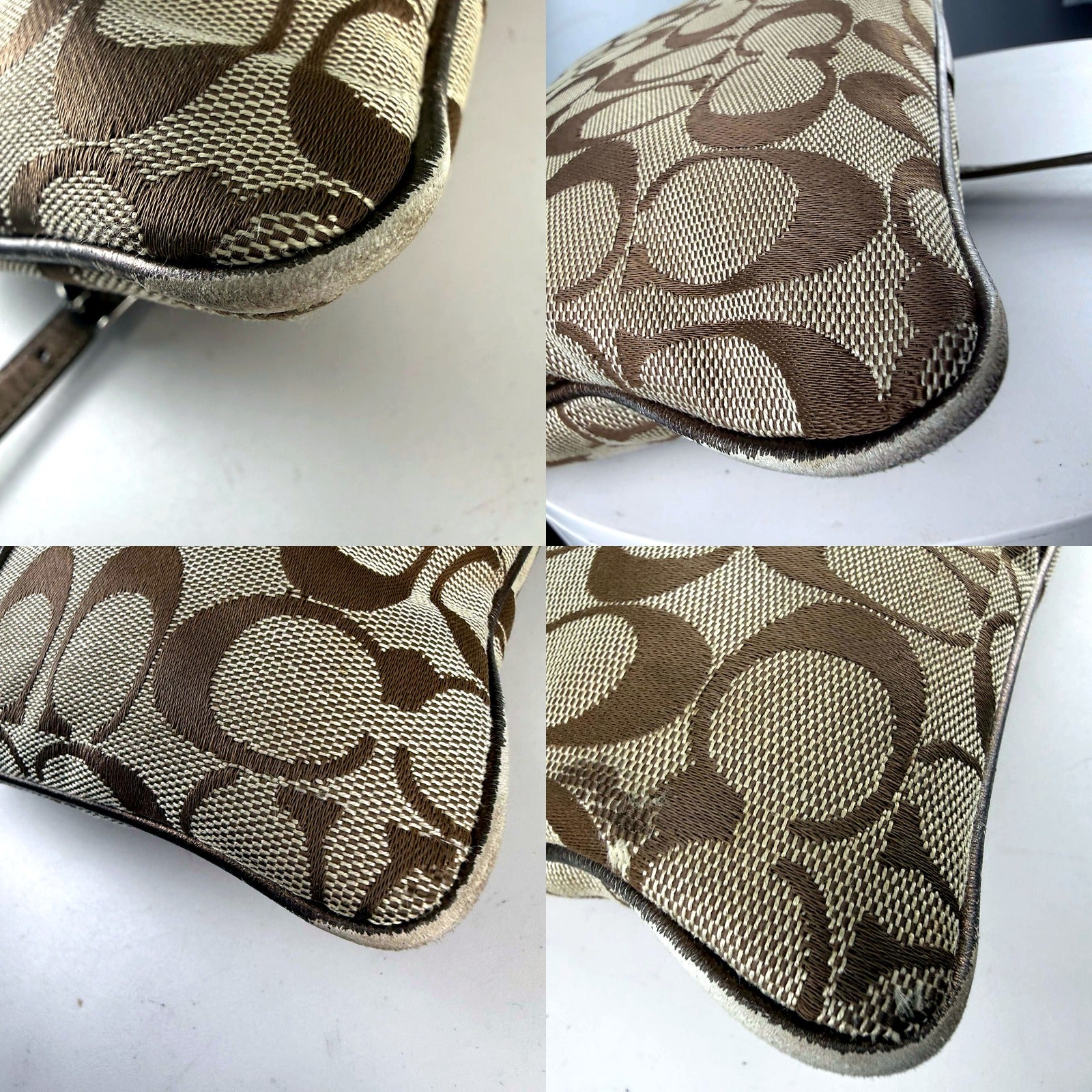 Authentic Coach khaki signature jacquard crossbody bag - bottom corner seam close-up detail