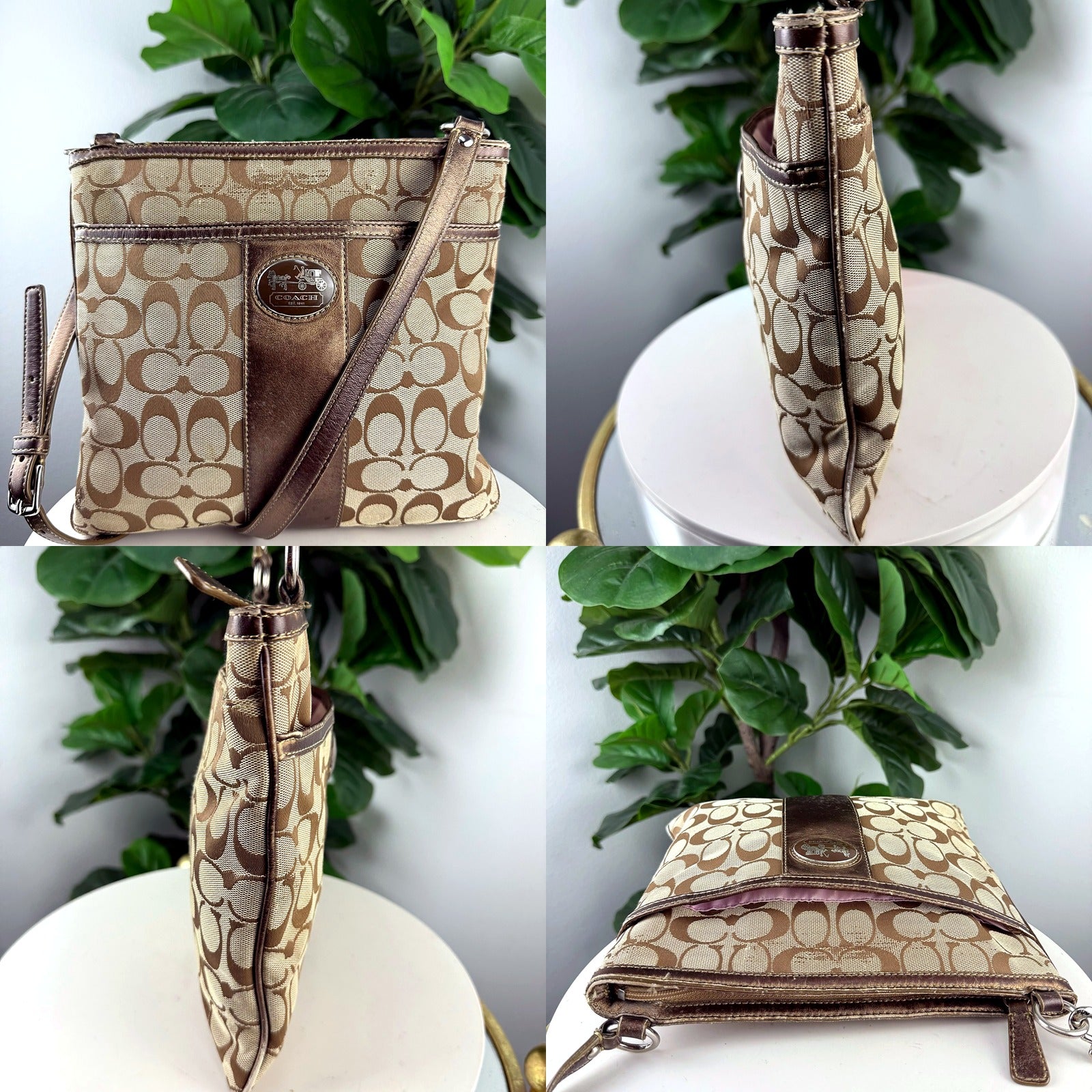 Authentic Coach khaki signature jacquard crossbody bag - side and angle views