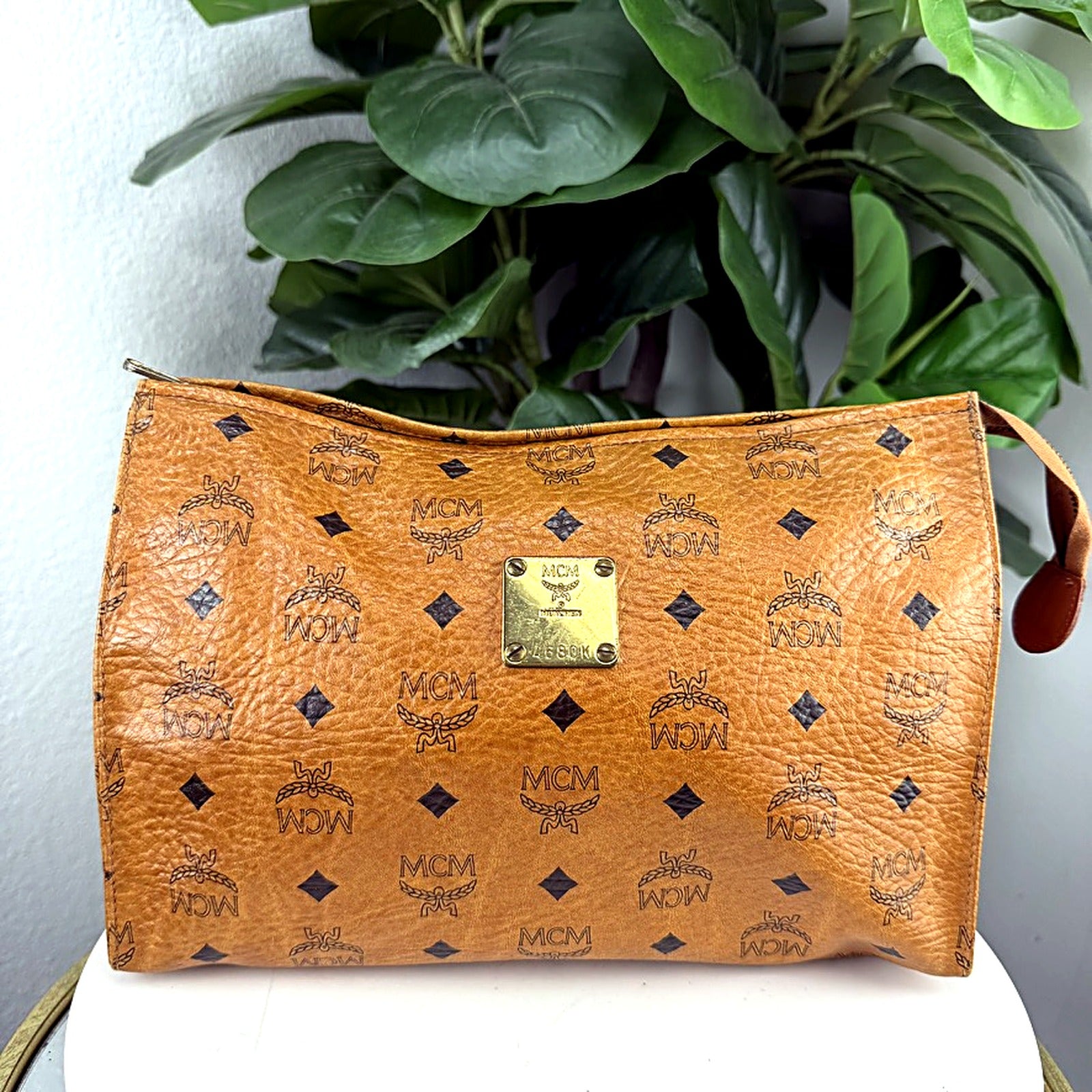 Authentic vintage MCM Visetos cognac monogram cosmetic bag clutch - front view