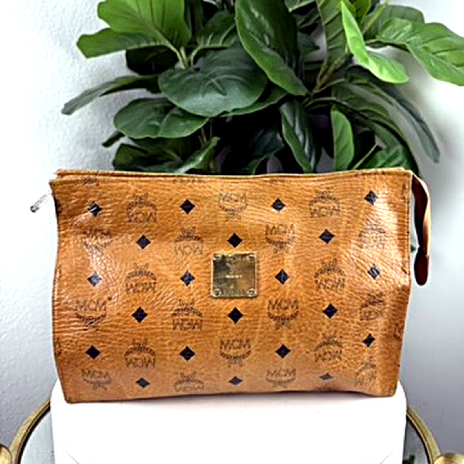 Authentic vintage MCM Visetos cognac monogram cosmetic bag clutch - back view
