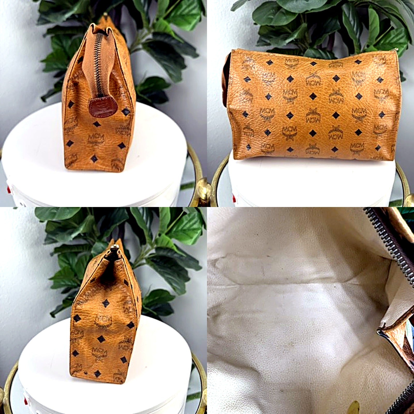 Authentic vintage MCM Visetos cognac monogram cosmetic bag clutch - side profile and front detail views