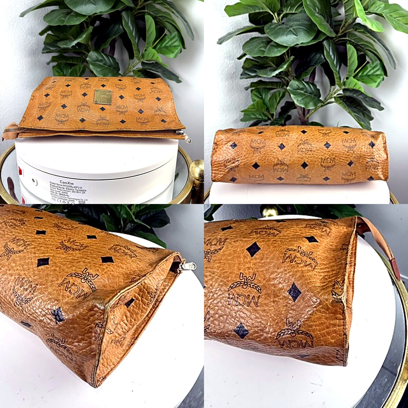 Authentic vintage MCM Visetos cognac monogram cosmetic bag clutch - additional close-up of corner and edge wear and cracking