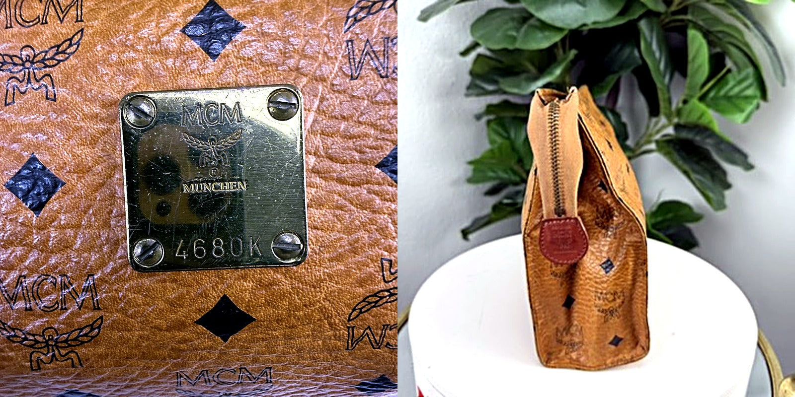 Authentic vintage MCM Visetos cognac monogram cosmetic bag clutch - gold hardware plate macro reading MCM MUNCHEN 4680K, and front detail view