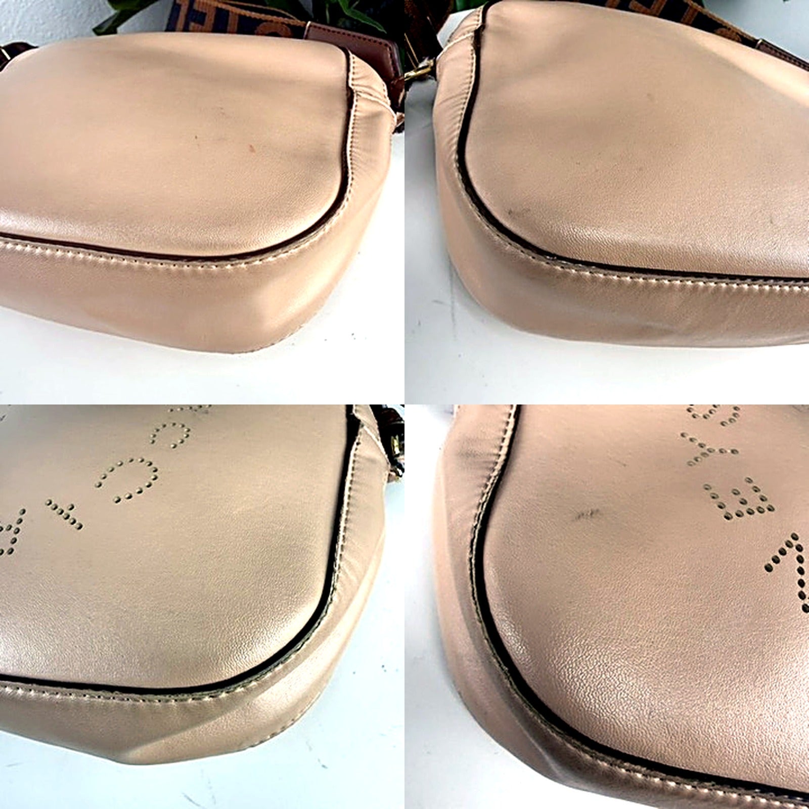 Authentic Stella McCartney blush perforated logo crossbody camera bag - close up of leather marks and scuffs