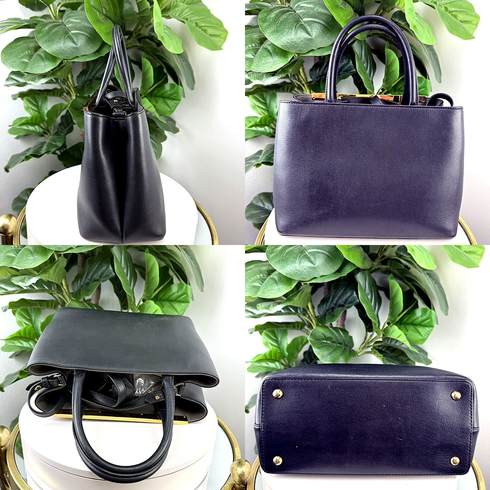 Authentic Fendi 2Jours Petite black leather tote bag - side profile, front, top-down interior opening, and bottom base views