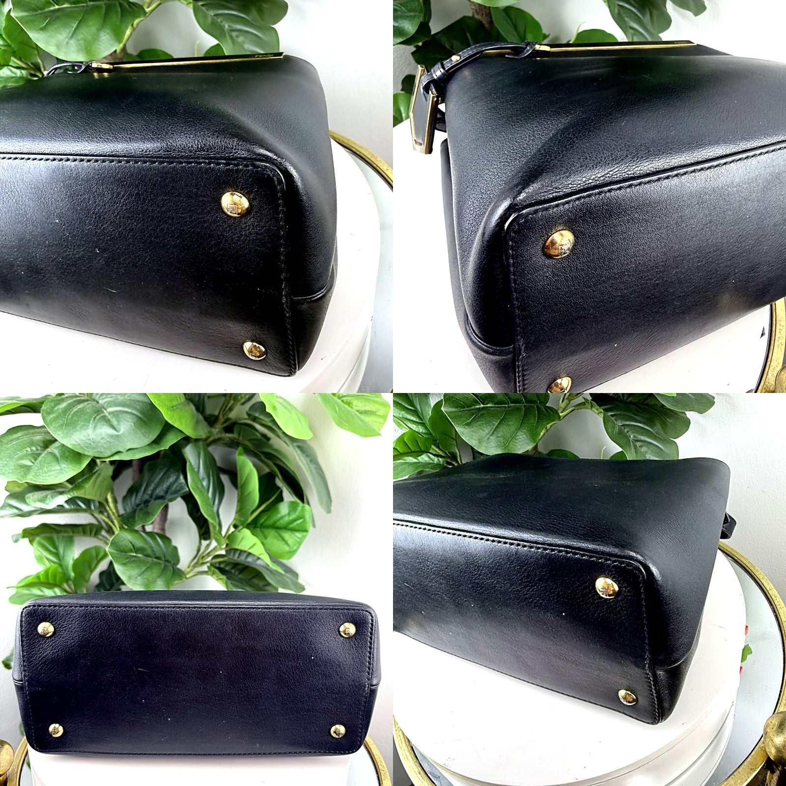 Authentic Fendi 2Jours Petite black leather tote bag - close-up corner detail showing gold-tone dome feet and base