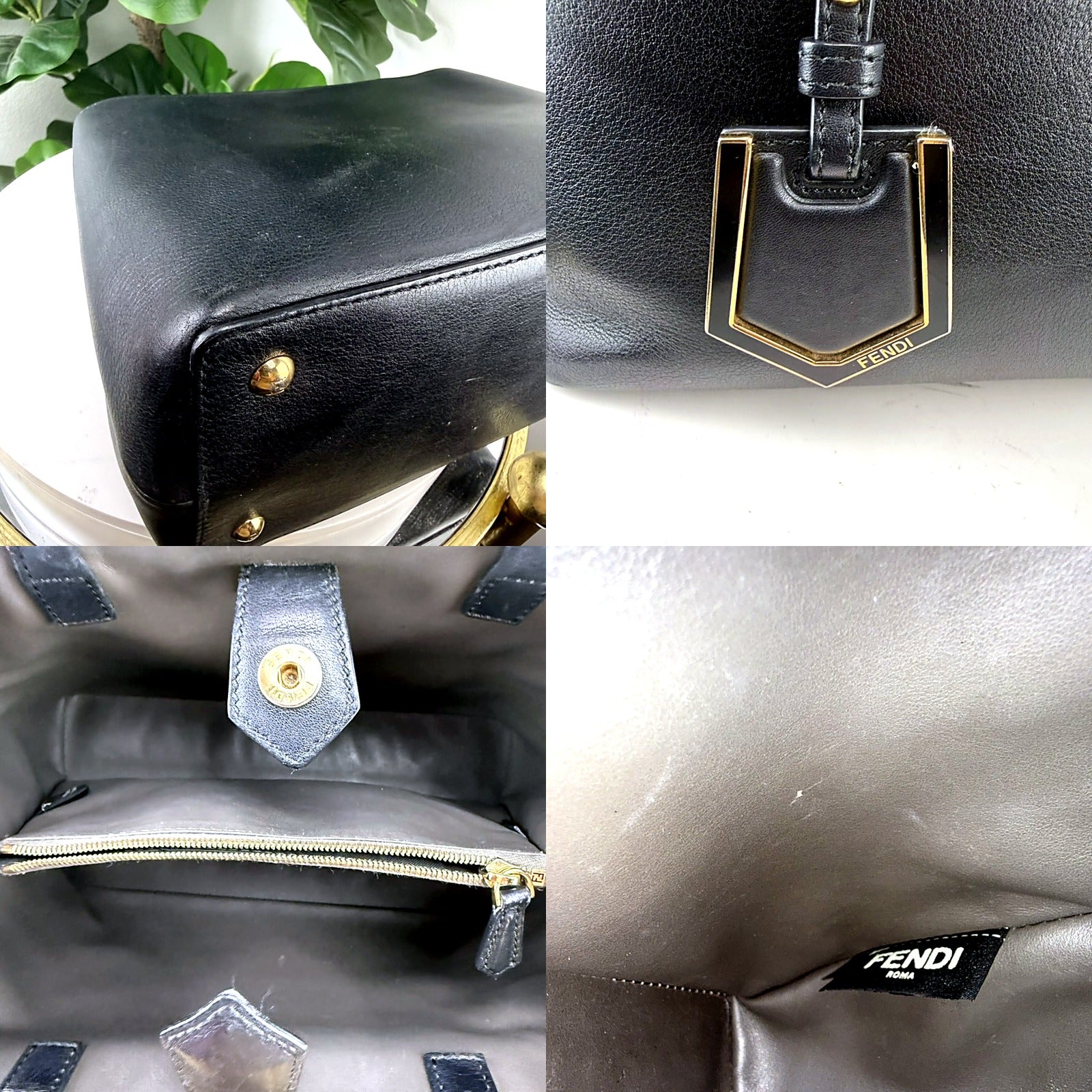 Authentic Fendi 2Jours Petite black leather tote bag - macro of gold FENDI shield charm, interior lining with marks, and woven FENDI ROMA tag