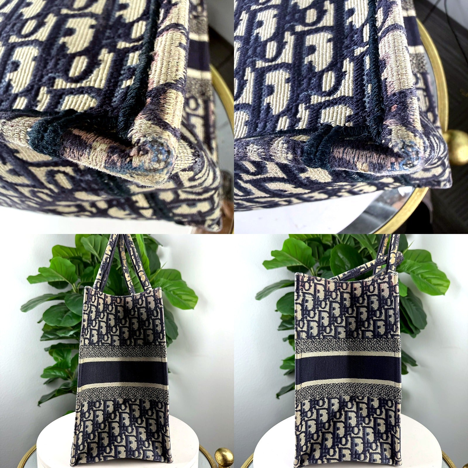 Christian Dior Book Tote frayed corner detail and side views
