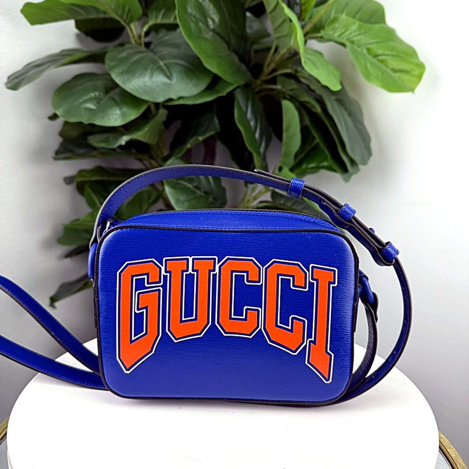 Authentic Gucci Blue Leather Chinese New Year Dragon Flame GG Camera Bag - back GUCCI logo