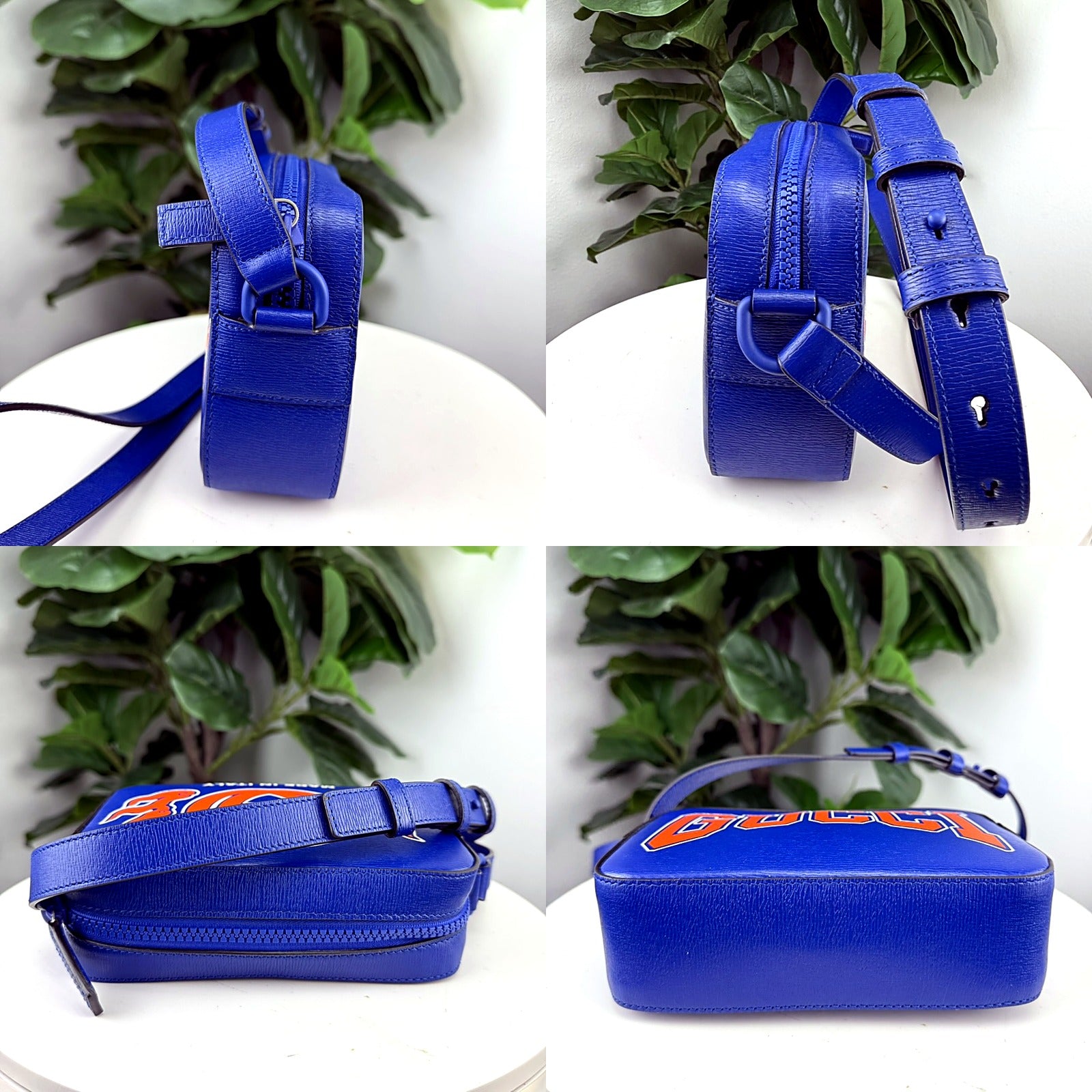 Authentic Gucci Blue Leather Chinese New Year Dragon Flame GG Camera Bag - profiles and hardware