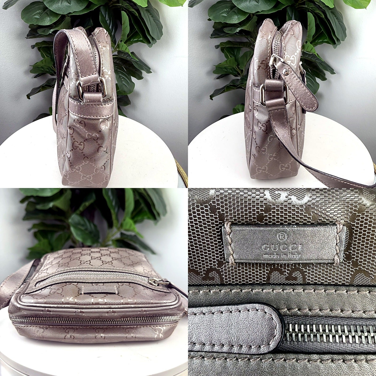 Authentic vintage Gucci GG Monogram canvas messenger bag in pewter - side profile views with D-ring buckle, strap, and GUCCI plate hardware close-up