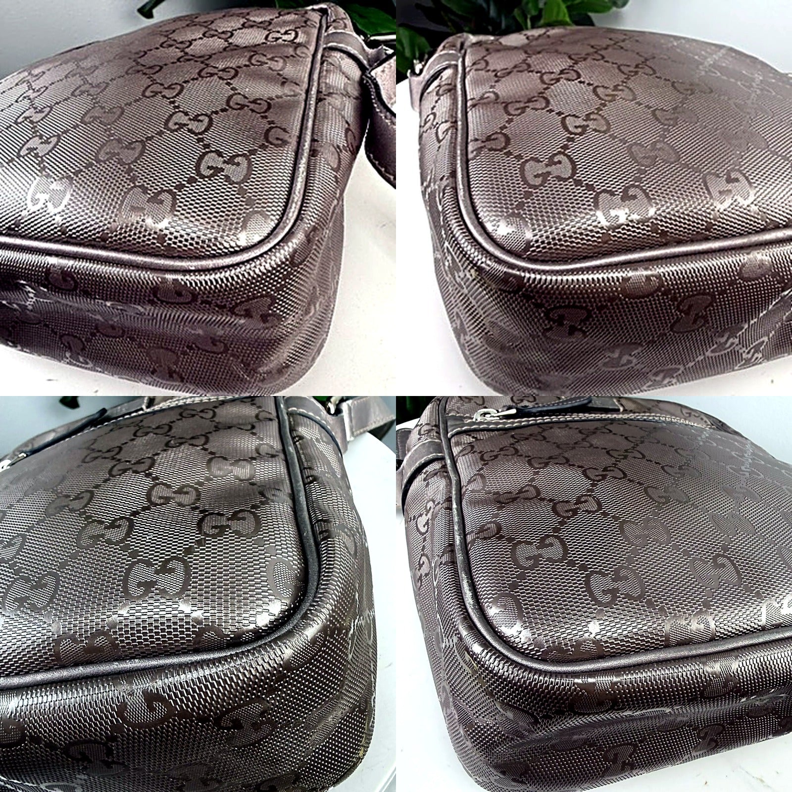 Authentic vintage Gucci GG Monogram canvas messenger bag in pewter - macro views of GG monogram coated canvas texture