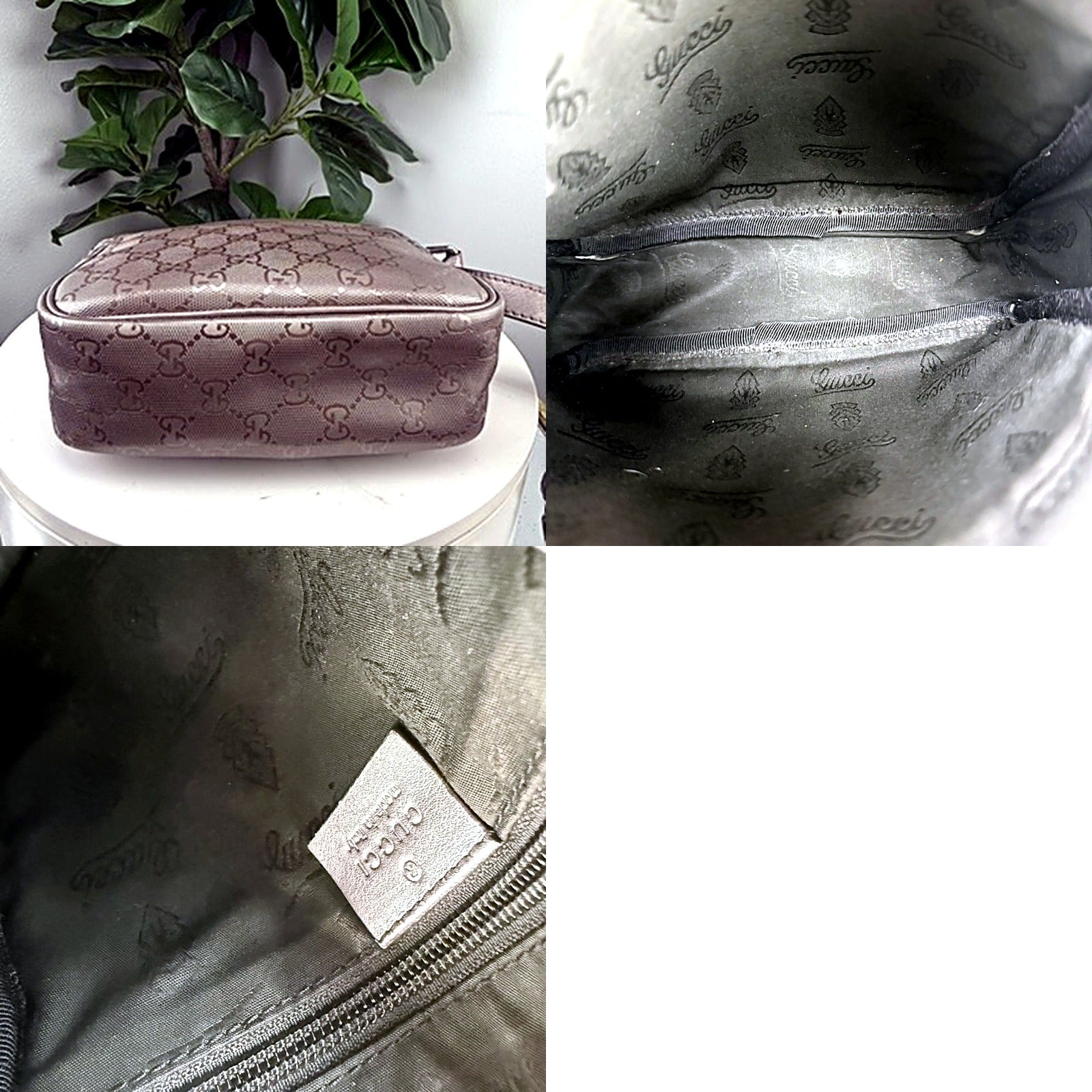 Authentic vintage Gucci GG Monogram canvas messenger bag in pewter - base view and interior lining with Gucci crest print and embossed leather tag