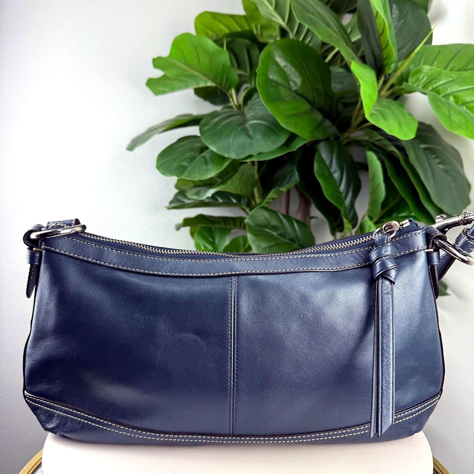 Authentic Coach navy blue leather pleated shoulder bag, back view