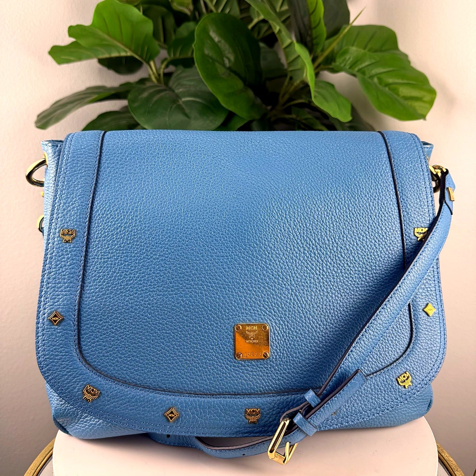 Authentic MCM Cornflower Blue Studded Leather Flap Crossbody Bag - front