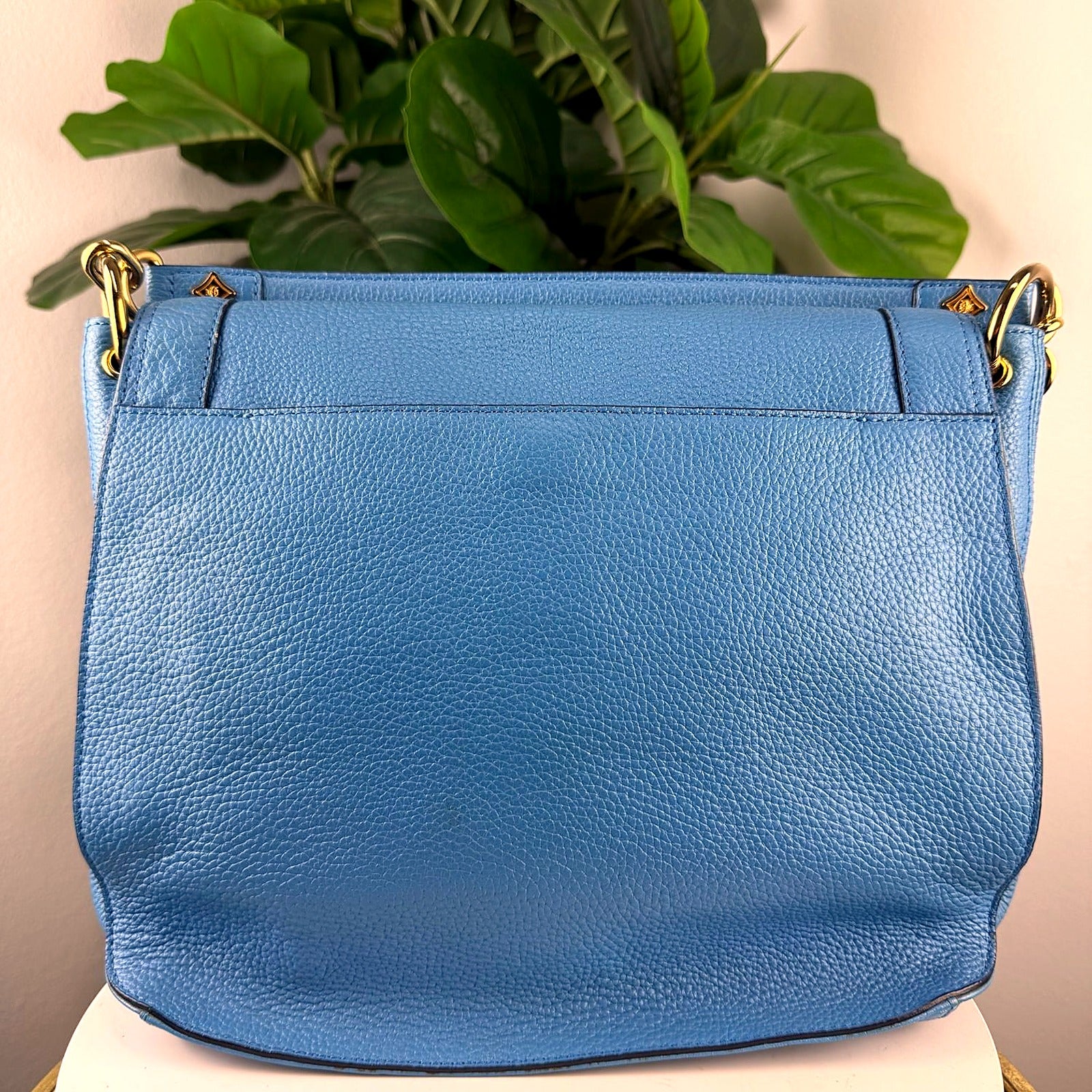 Authentic MCM Cornflower Blue Studded Leather Flap Crossbody Bag - back