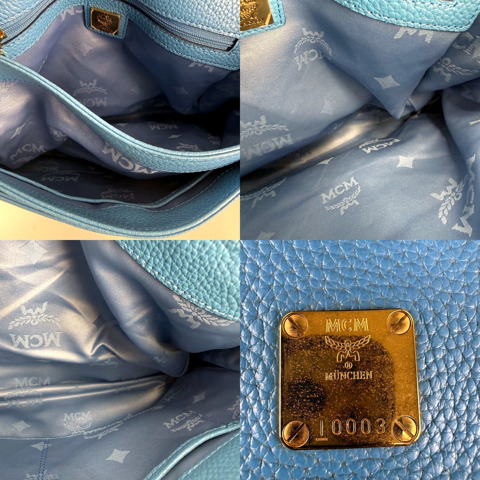 MCM crossbody interior lining and MCM Munchen plate detail