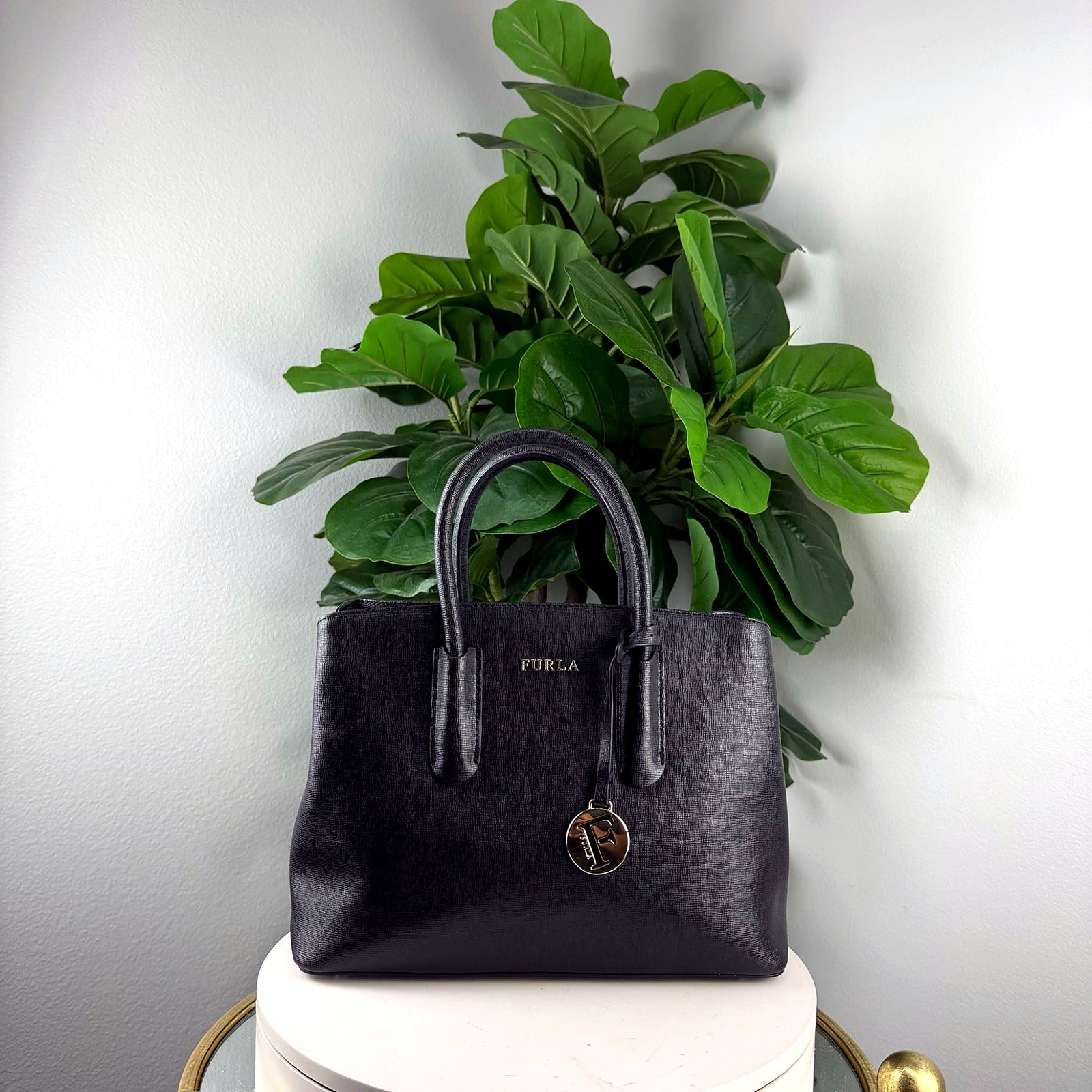 Authentic Furla Black Saffiano Leather Structured Tote Bag - front