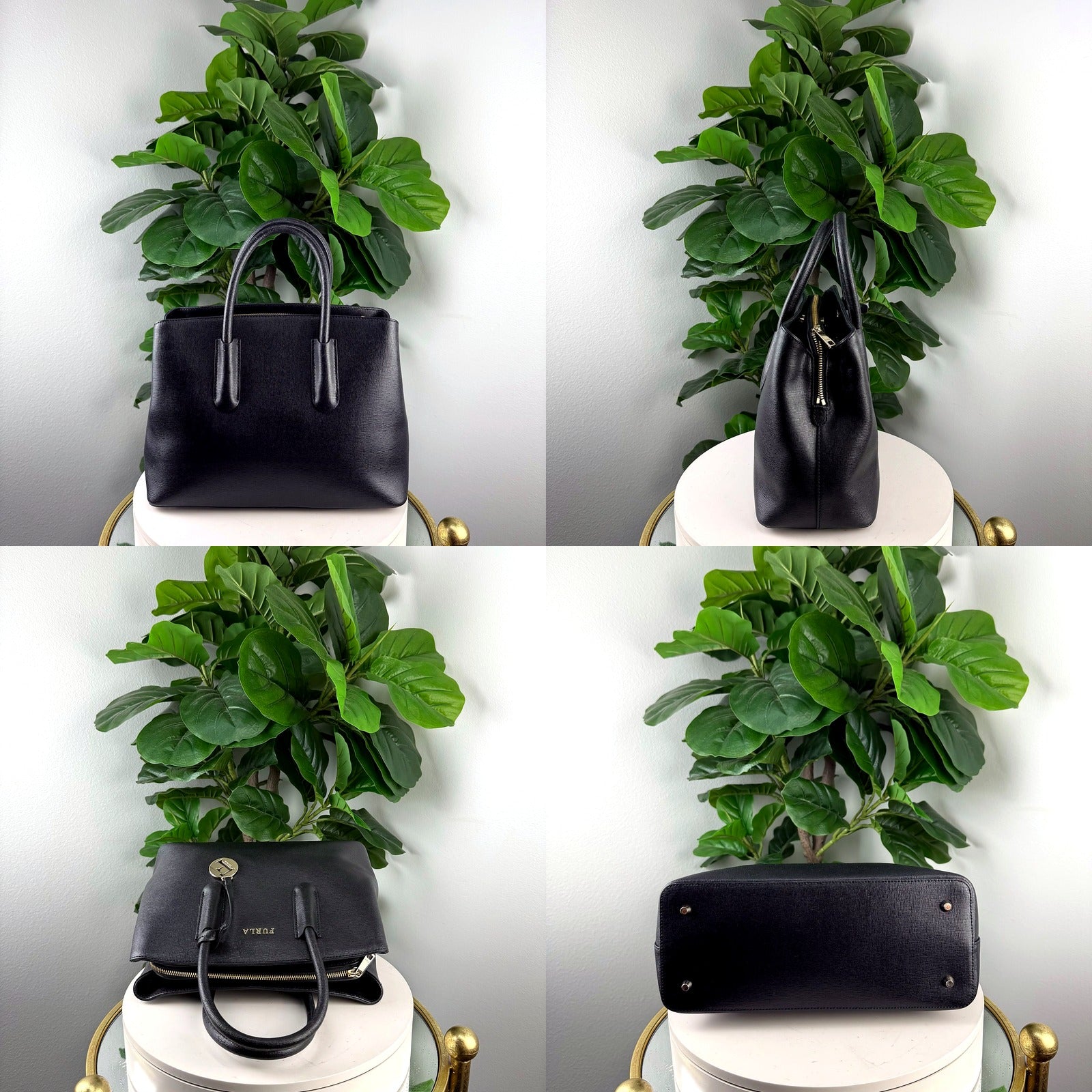 Furla tote side profile, handles, and base hardware detail
