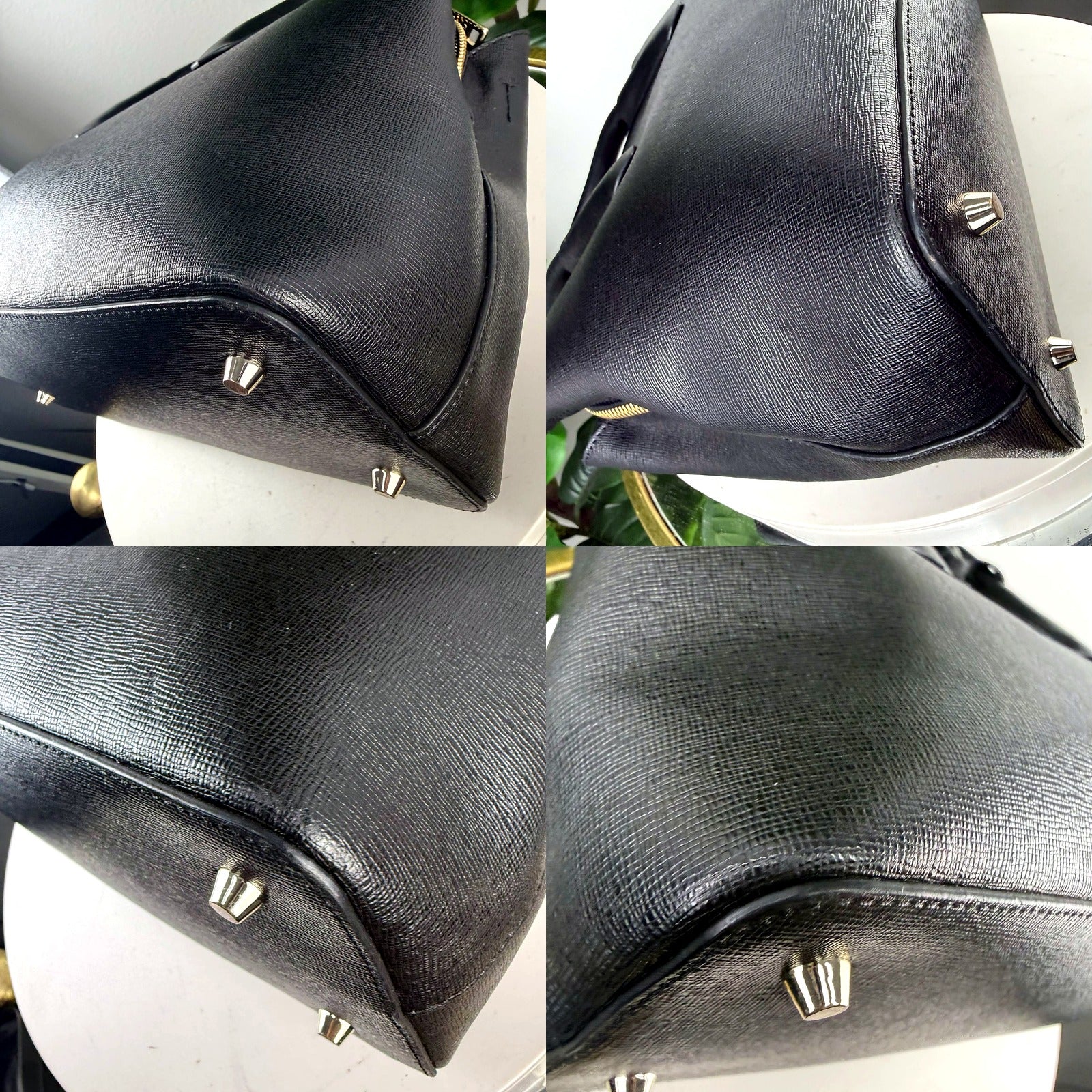 Furla tote saffiano leather texture and corner hardware detail