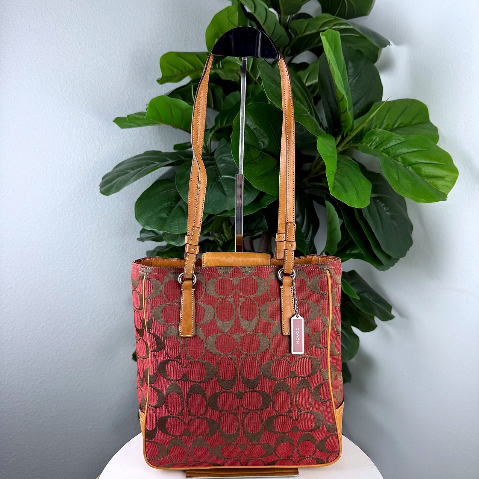 Authentic Vintage Coach Red Signature Jacquard Tall Tote Bag - front