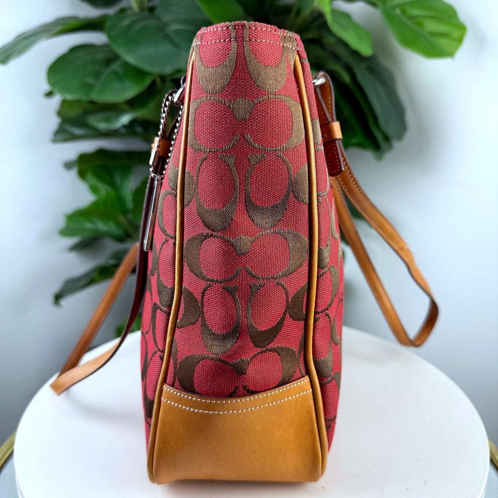 Authentic Vintage Coach Red Signature Jacquard Tall Tote Bag - side profile