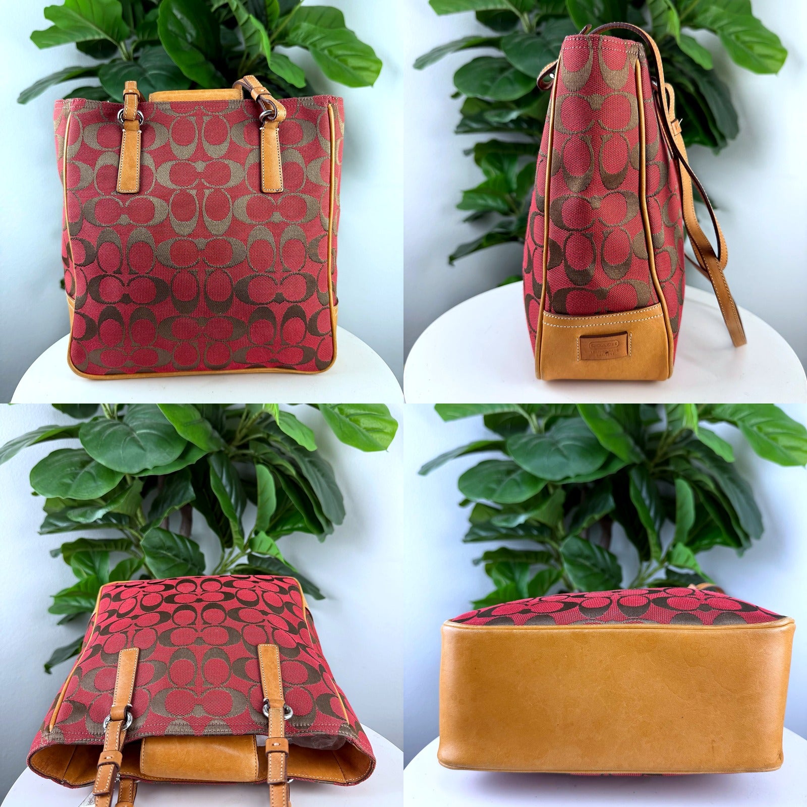 Authentic Vintage Coach Red Signature Jacquard Tall Tote Bag - detail angles