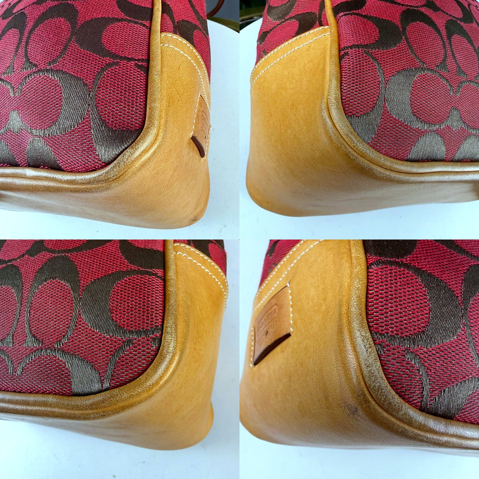 Authentic Vintage Coach Red Signature Jacquard Tall Tote Bag - leather detail
