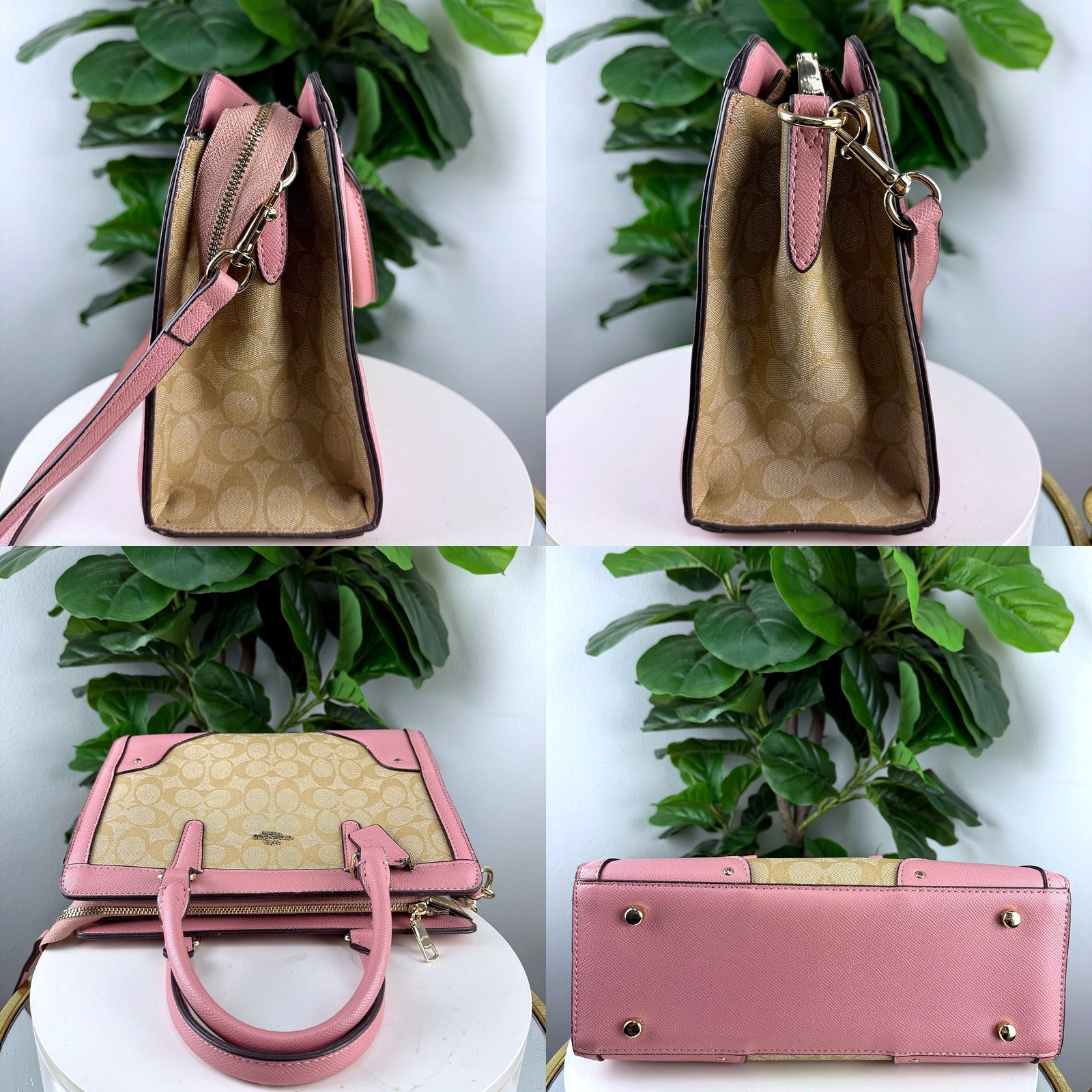 Coach satchel side, top, and bottom detail views