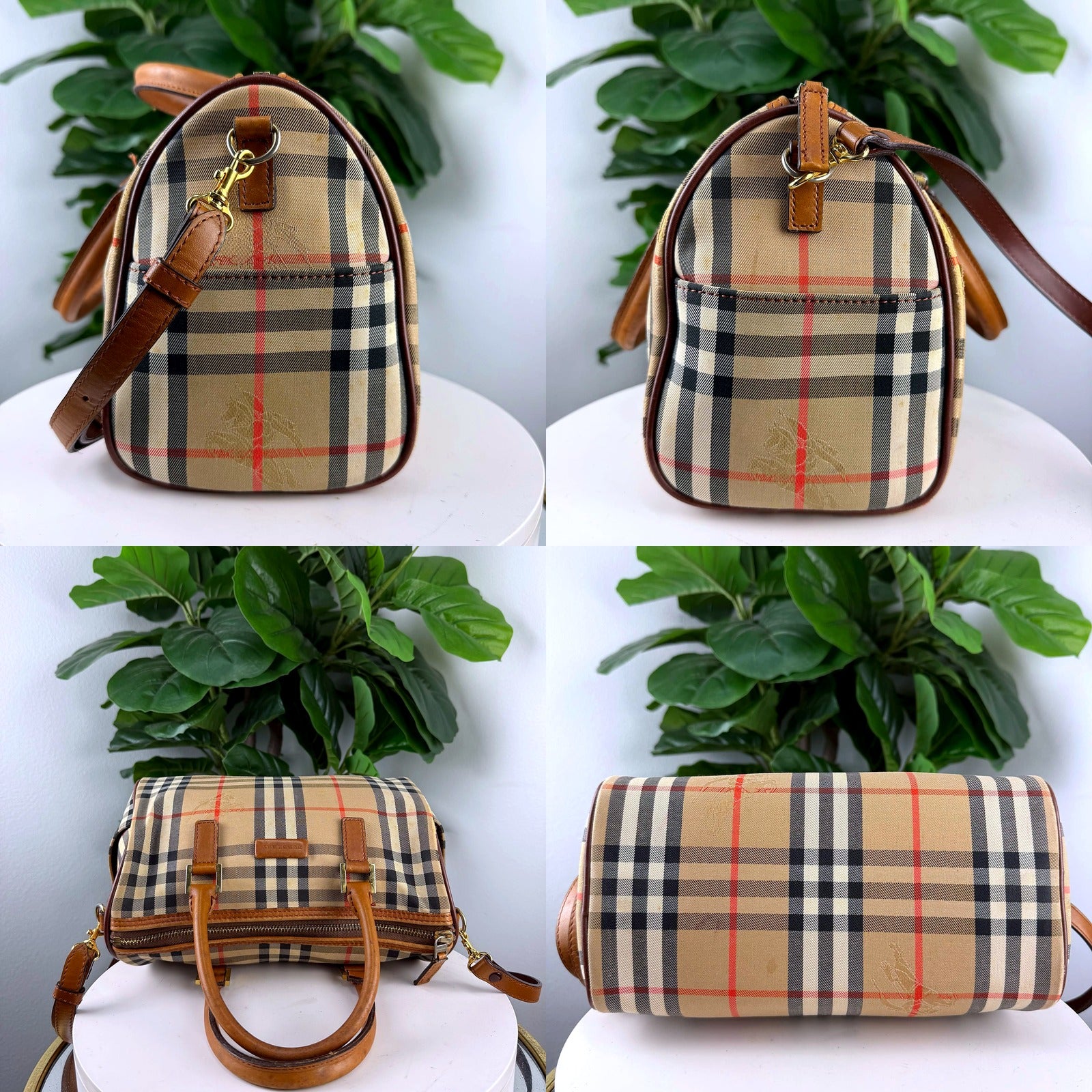 Authentic Vintage Burberry Haymarket Check Boston Bag - detail angles