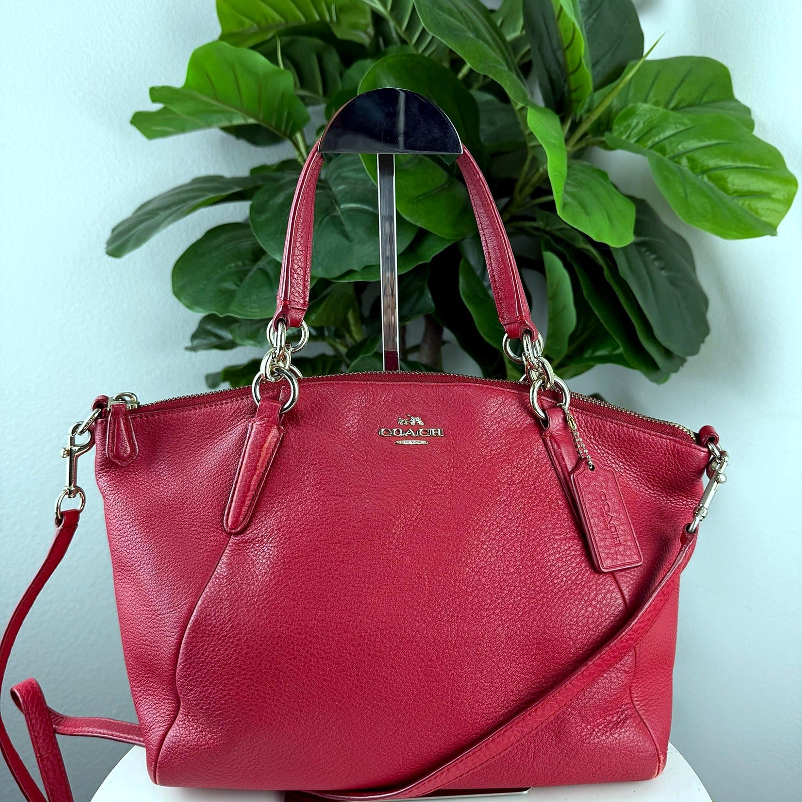 Authentic Coach Kelsey red pebbled leather satchel, front view