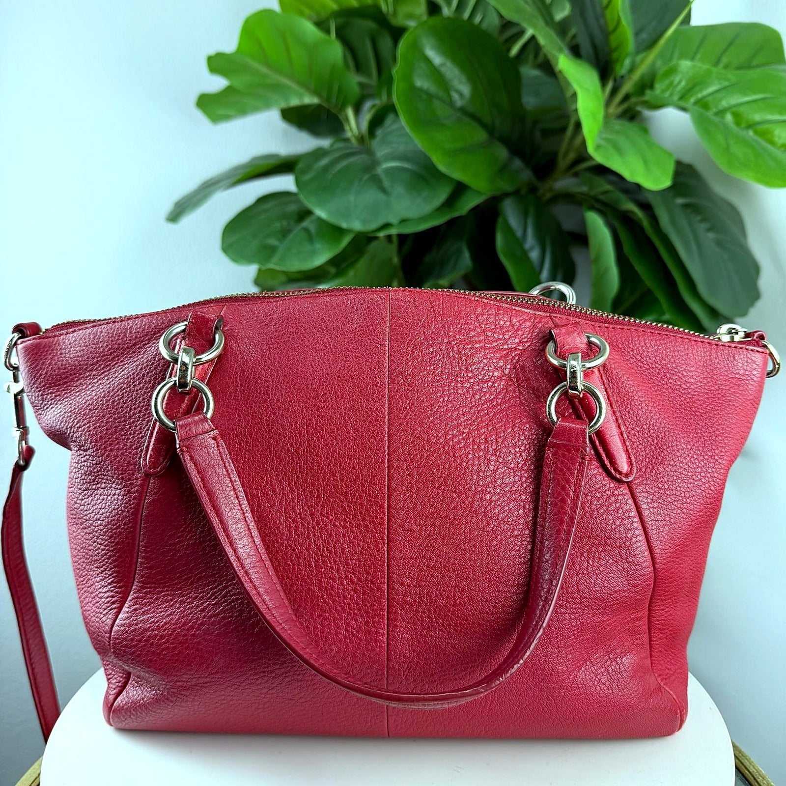 Authentic Coach Kelsey red pebbled leather satchel, back view
