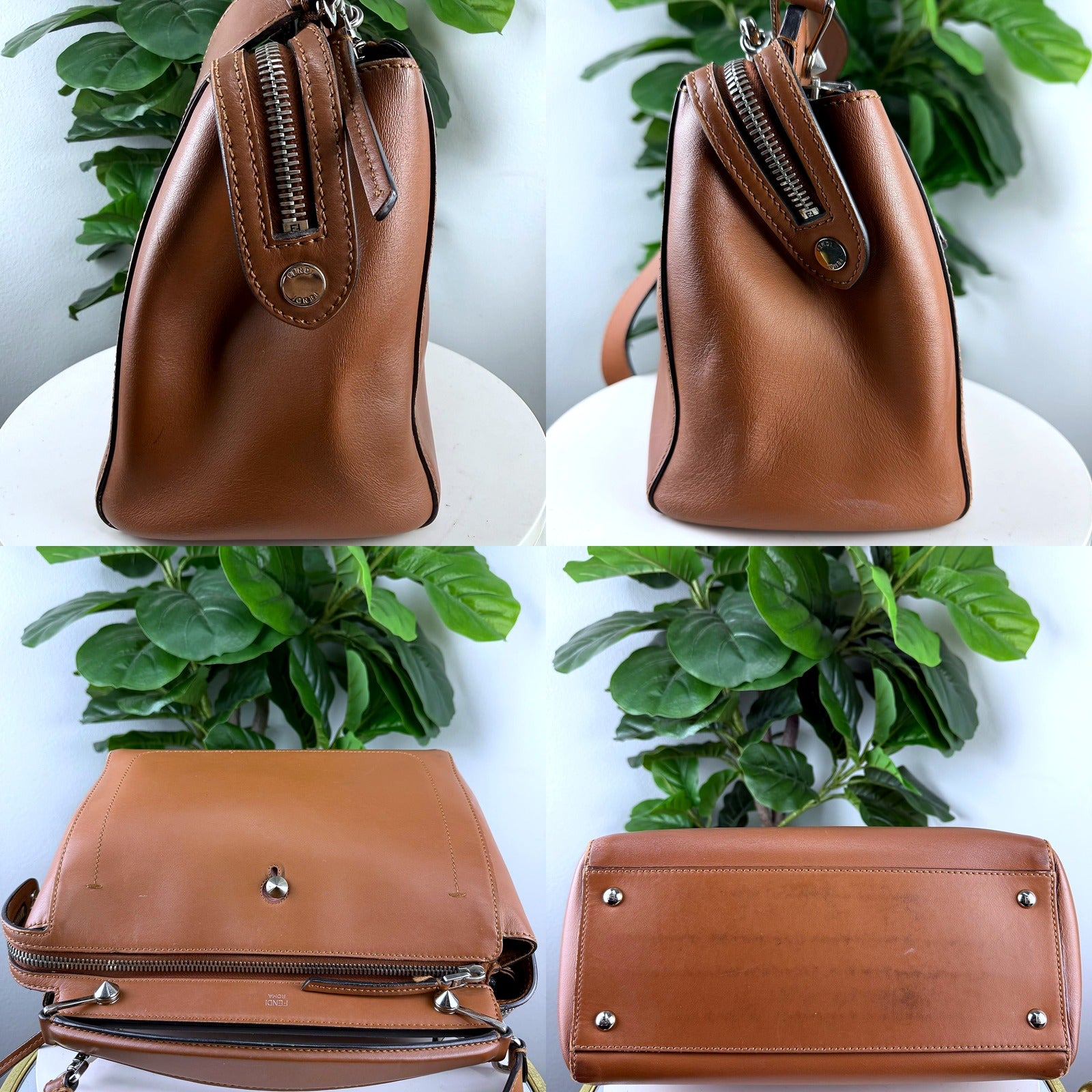 Authentic Fendi DotCom Cognac Leather Satchel - hardware detail