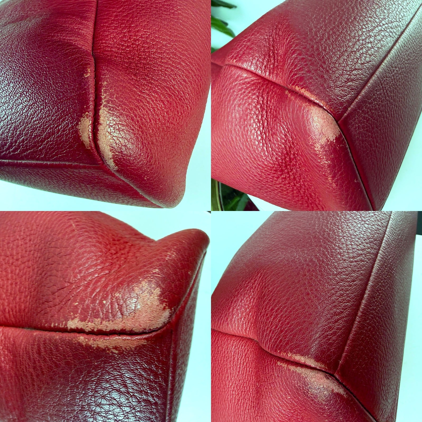 Coach Kelsey satchel leather wear detail at base corners