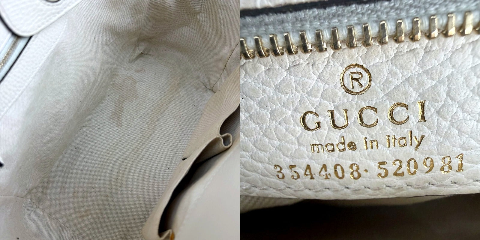 Authentic Gucci Cream Pebbled Leather Swing Tote - interior serial