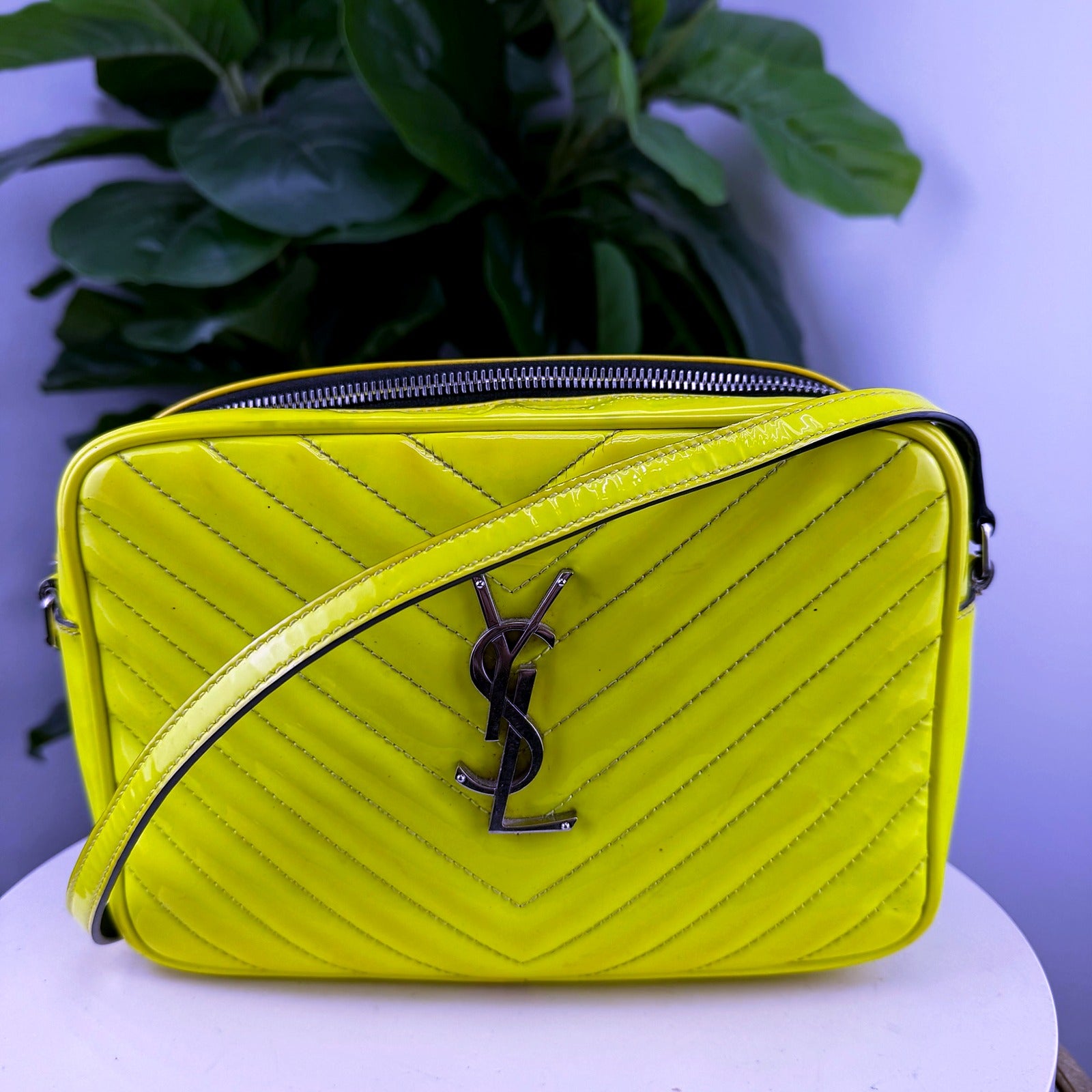 Authentic Saint Laurent Lou Neon Yellow Patent Camera Bag - front