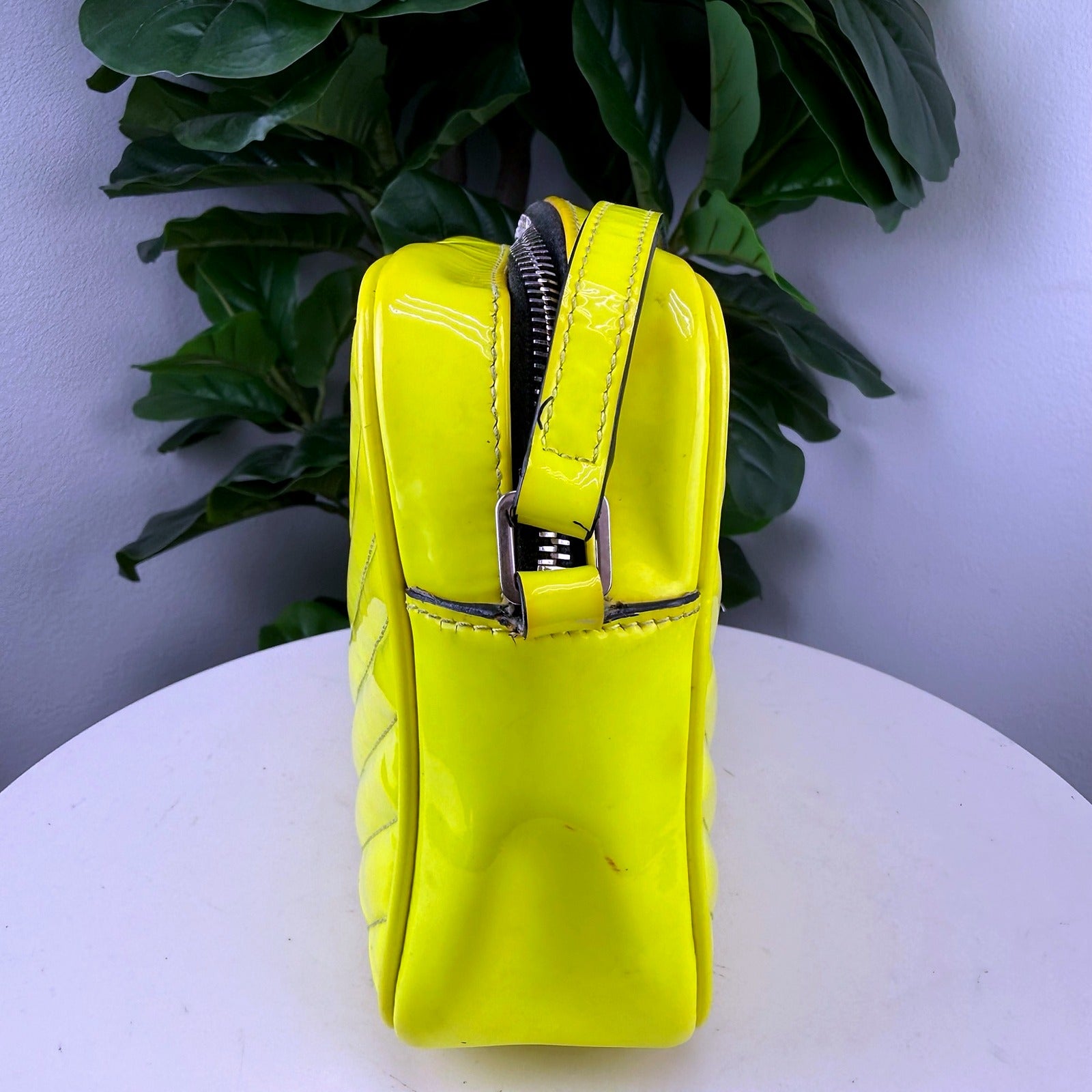 Authentic Saint Laurent Lou Neon Yellow Patent Camera Bag - back