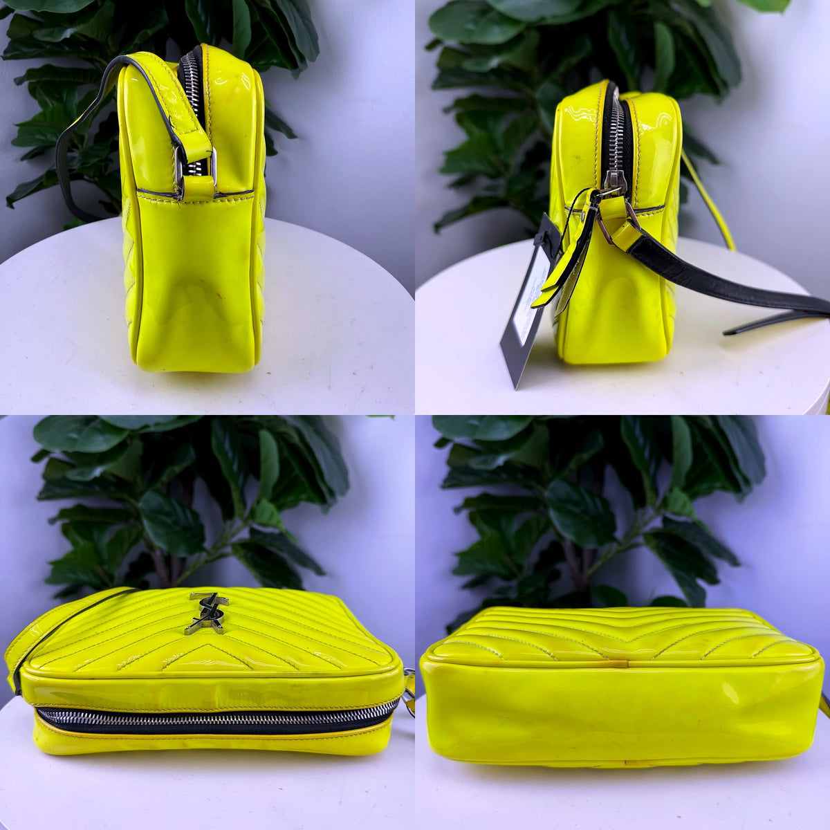 Authentic Saint Laurent Lou Neon Yellow Patent Camera Bag - detail angles