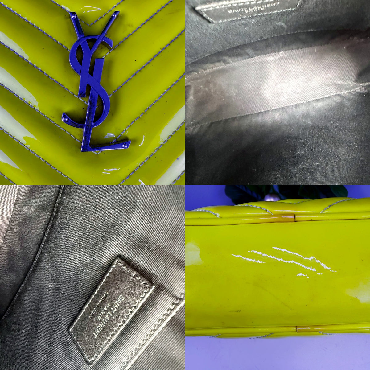 Authentic Saint Laurent Lou Neon Yellow Patent Camera Bag - detail angles
