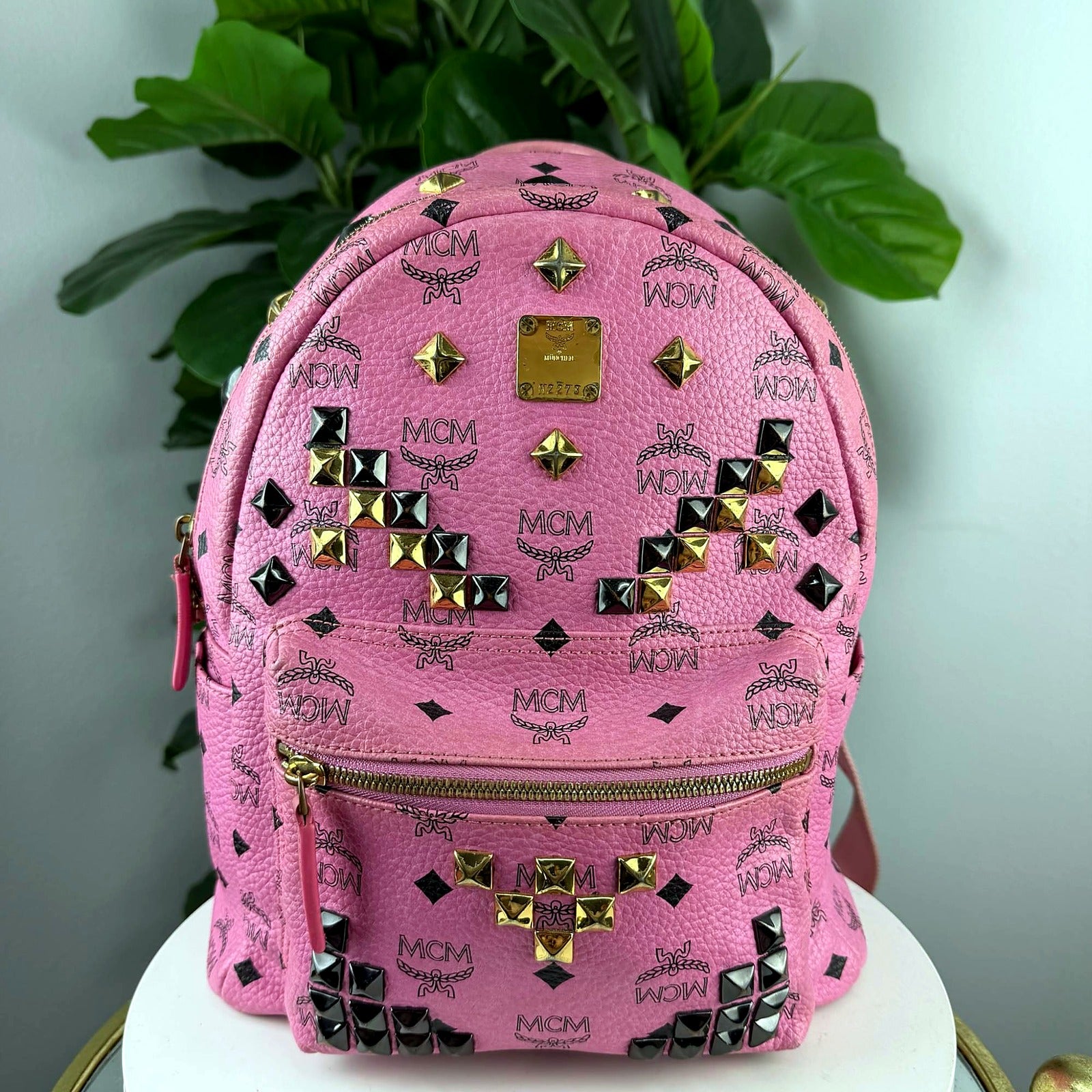 Authentic MCM Stark Pink Visetos Studded Backpack - front