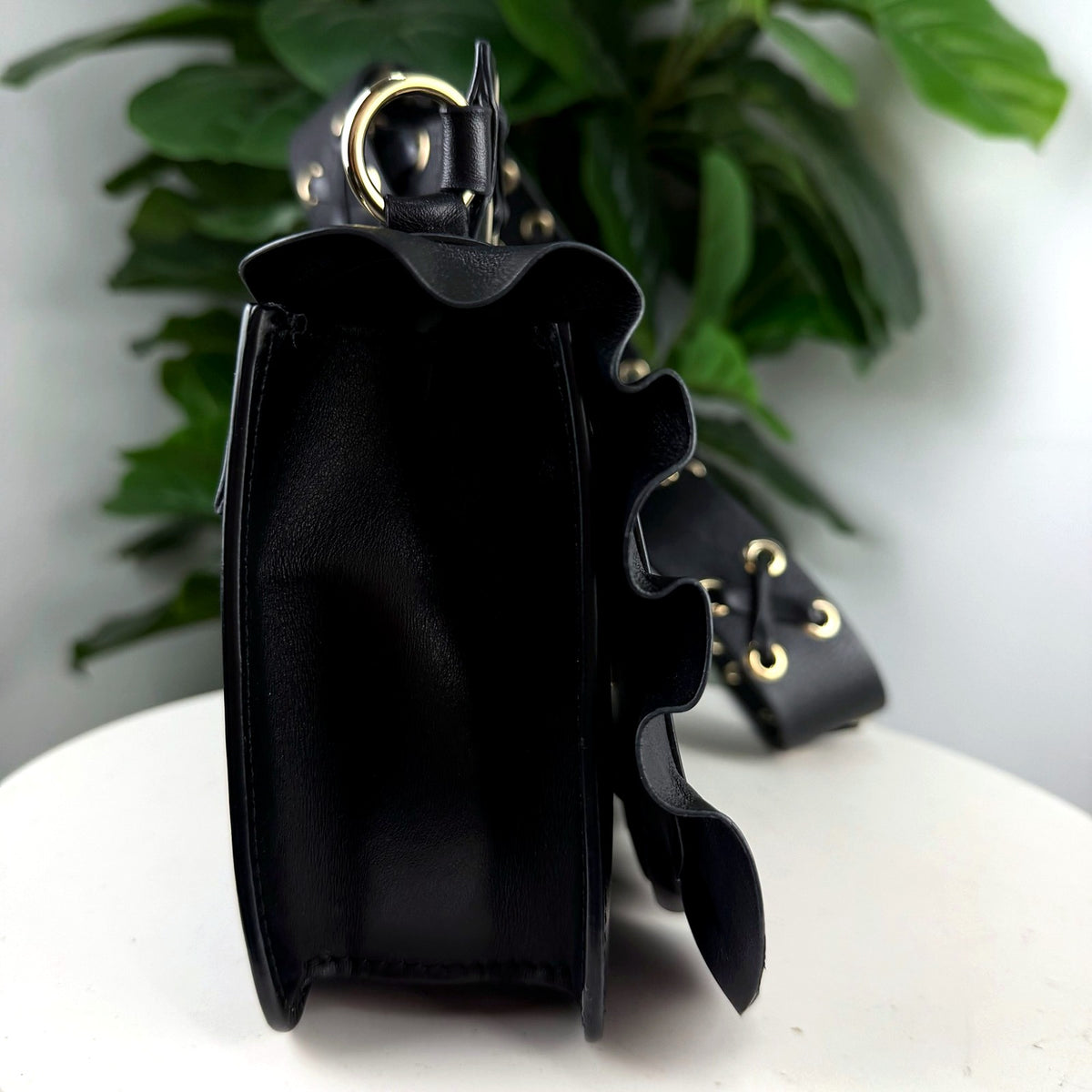 Authentic RED Valentino Black Leather Ruffle Edge Flap Crossbody Bag - side profile