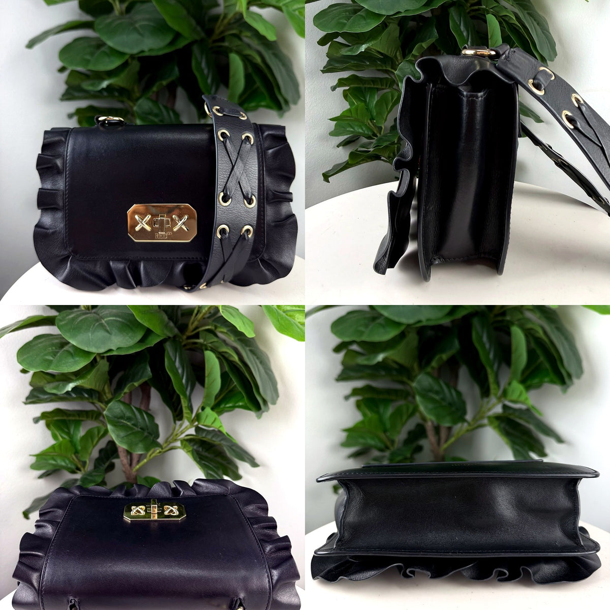 Authentic RED Valentino Black Leather Ruffle Edge Flap Crossbody Bag - detail views